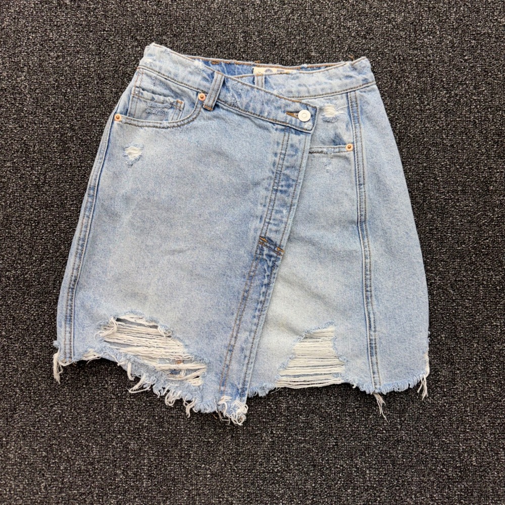 Free People We The Free Criss Cross Distressed Denim Skirt Women 25 Blue EXC